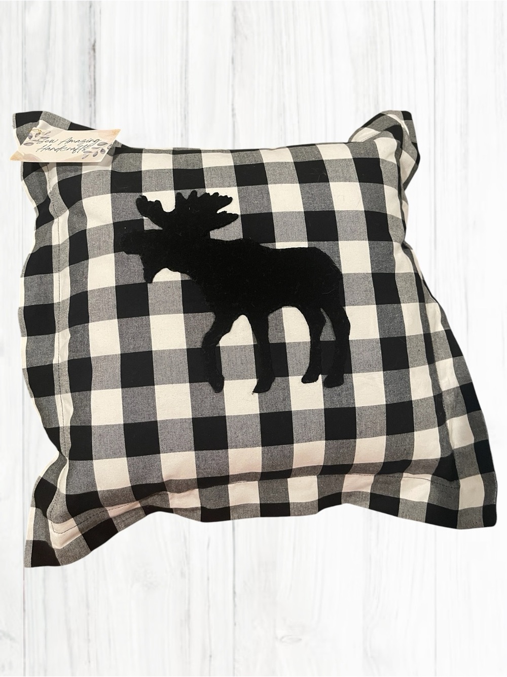 ๐ชท Handcrafted Buffalo Check Pillow with Black Moose Silhouette